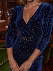Sosandar Blue Velvet Sparkle Wrap Front Dress - Image 4 of 5
