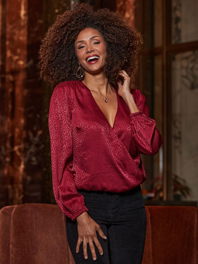 Sosandar Red Satin Wrap Top - Image 2 of 5