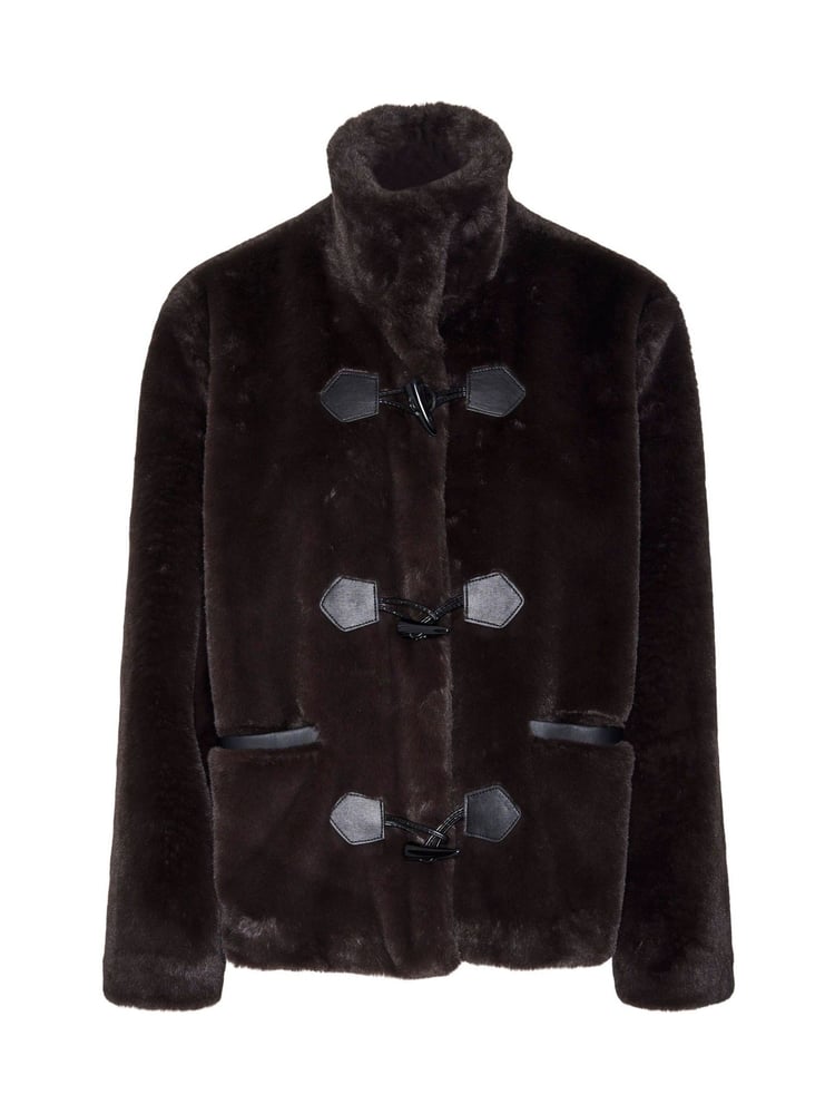 VERO MODA Brown Faux Fur High Neck Toggle Jacket - Image 6 of 6