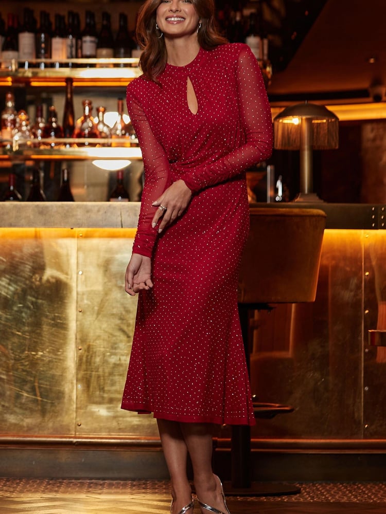 Sosandar Red Petite Sparkle Key Hole Detail Fit & Flare Dress - Image 2 of 5