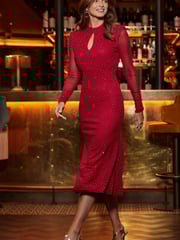 Sosandar Red Petite Sparkle Key Hole Detail Fit & Flare Dress - Image 3 of 5