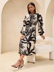 Lipsy Monochrome Petite Palm Print Long Sleeve Ruffle Midi Dress - Image 3 of 4