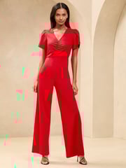 Red Short Sleeve Ruched Front V-Neck Jumpsuit - Image 1 of 4