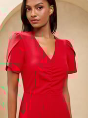 Red Short Sleeve Ruched Front V-Neck Jumpsuit - Image 4 of 4