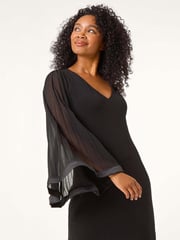 Roman Black Petite V-Neck Pleat Sleeve Shift Dress - Image 3 of 6