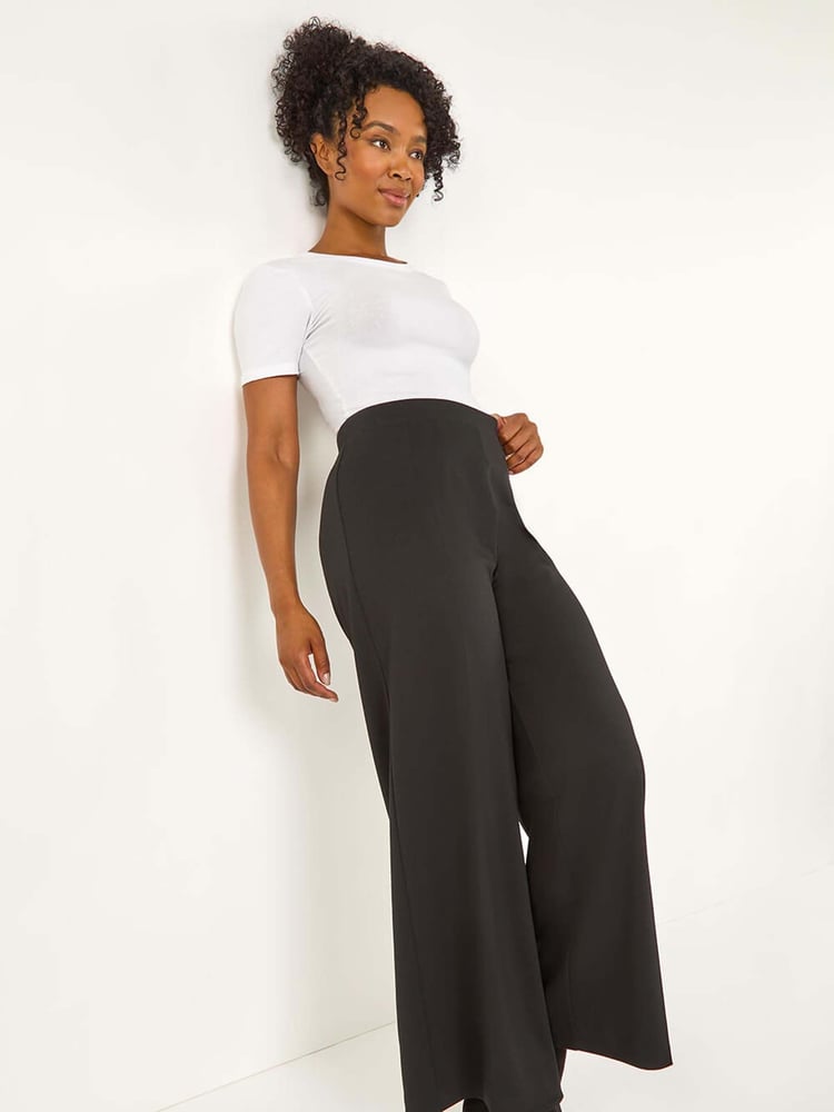 Roman Black Petite Wide Leg Ponte Stretch Trousers - Image 1 of 5