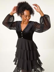 Roman Black Petite Velvet Bodice Layered Dress - Image 1 of 5