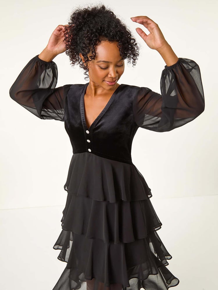 Roman Black Petite Velvet Bodice Layered Dress - Image 1 of 5