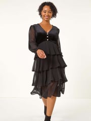 Roman Black Petite Velvet Bodice Layered Dress - Image 2 of 5