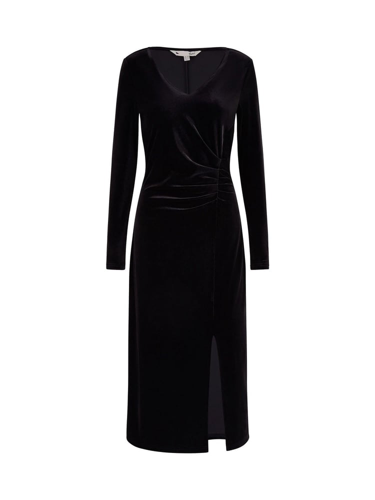 Yumi Black Velvet V-Neck Fitted Ruched Midi Dress - Image 5 of 5