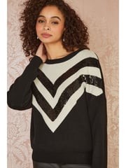 Yumi Black Chevron Knitted Relaxed Jumper With Sequins - Image 1 of 5