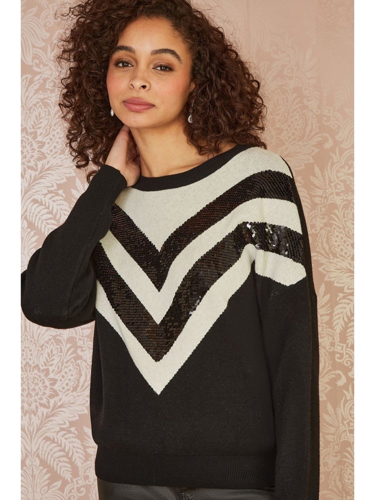 Yumi Black Chevron Knitted Relaxed Jumper With Sequins - Image 1 of 5