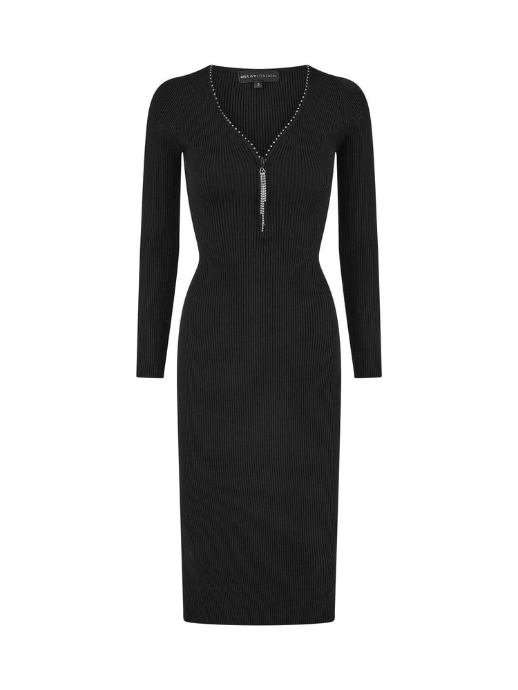 Yumi Black Rib Fitted Midi Dress With Diamante Detail Zip Neckline - Image 5 of 5