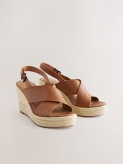 Tan Brown Standard/Wide Fit Forever Comfort® Leather Round Toe Cross-Over Slingback Platform Wedges - Image 1 of 5