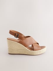 Tan Brown Standard/Wide Fit Forever Comfort® Leather Round Toe Cross-Over Slingback Platform Wedges - Image 2 of 5