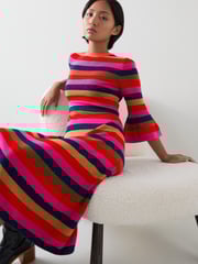 LK Bennett Red Alice Petite Pink Multi Stripe Metallic Knit Frill Dress - Image 1 of 4
