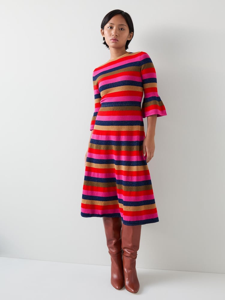 LK Bennett Red Alice Petite Pink Multi Stripe Metallic Knit Frill Dress - Image 2 of 4