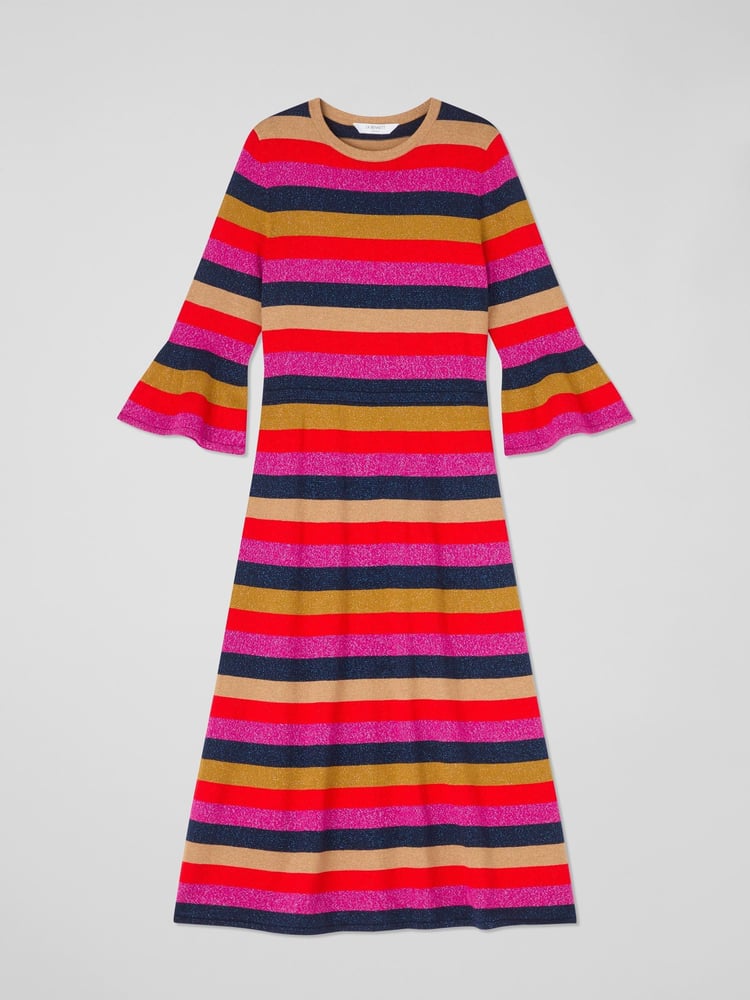 LK Bennett Red Alice Petite Pink Multi Stripe Metallic Knit Frill Dress - Image 4 of 4