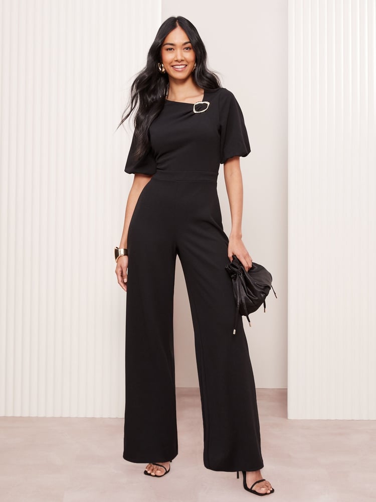Friends Like These Black Tailored Abstract Buckle Puff Sleeve Jumpsuit - Image 1 of 4