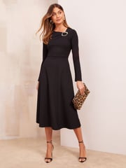 Friends Like These Black Long Sleeve Buckle Tailored Midi Dress - Image 1 of 4