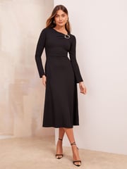 Friends Like These Black Long Sleeve Buckle Tailored Midi Dress - Image 3 of 4