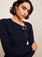 Friends Like These Navy Long Sleeve Buckle Tailored Midi Dress - Image 2 of 4