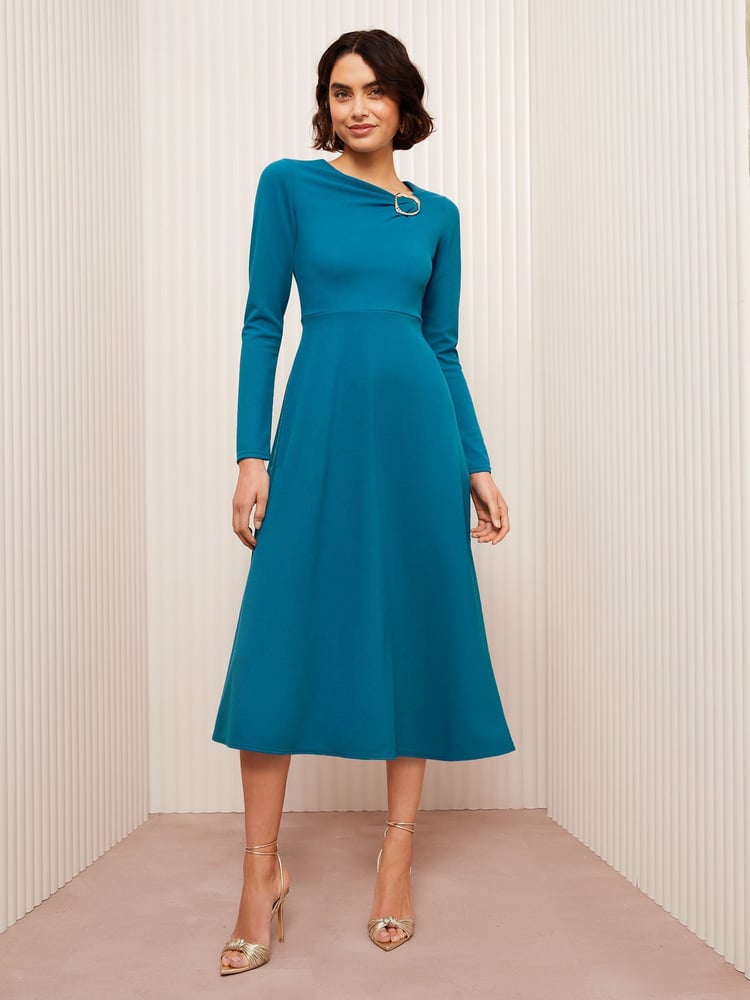 Friends Like These Teal Blue Long Sleeve Buckle Tailored Midi Dress - Image 1 of 4