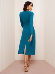 Friends Like These Teal Blue Long Sleeve Buckle Tailored Midi Dress - Image 4 of 4