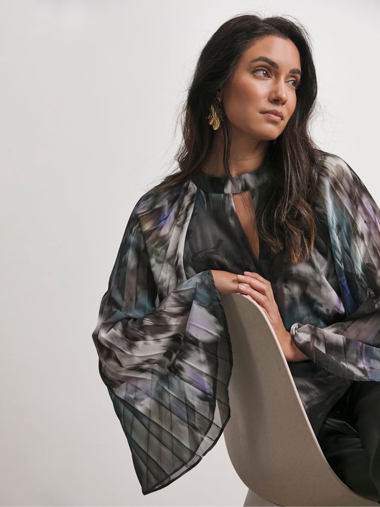 Joanna Hope Keyhole Pleated Black Blouse - Image 1 of 4