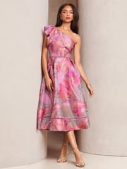 Lipsy Pink Premium Frill One Shoulder Floral Jacquard Prom Midi Dress - Image 1 of 4
