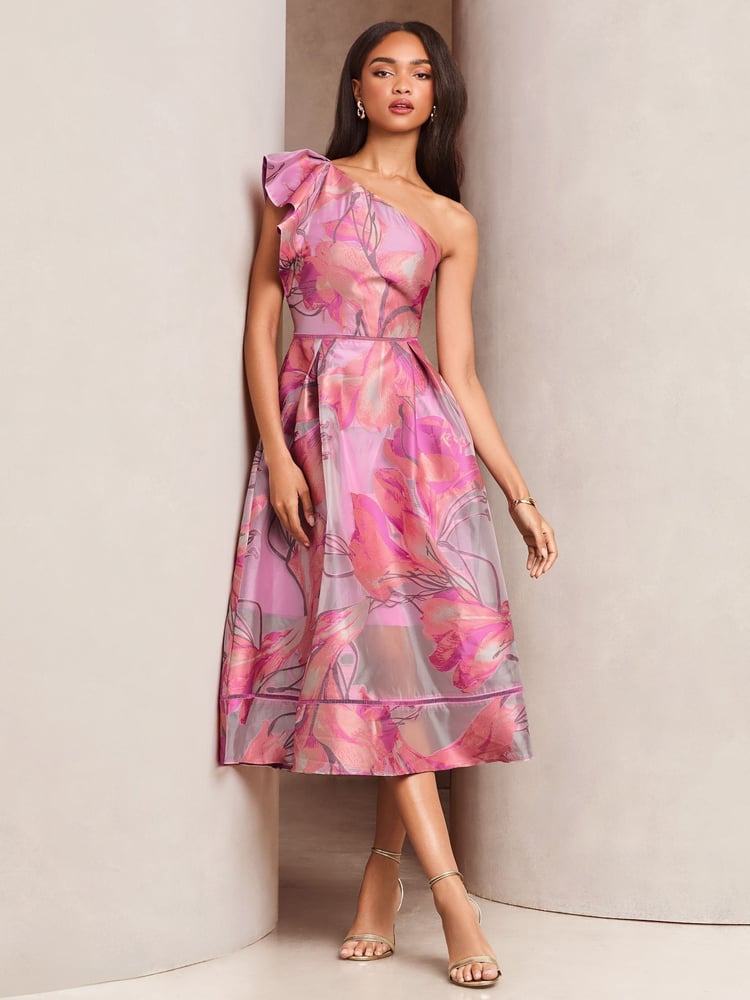 Lipsy Pink Premium Frill One Shoulder Floral Jacquard Prom Midi Dress - Image 1 of 4