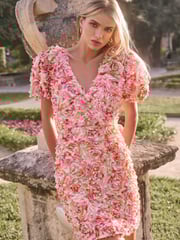 Lipsy Pink Premium Textured 3D Floral Short Sleeve Skater Mini Dress - Image 2 of 5
