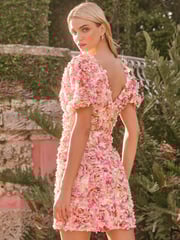 Lipsy Pink Premium Textured 3D Floral Short Sleeve Skater Mini Dress - Image 5 of 5