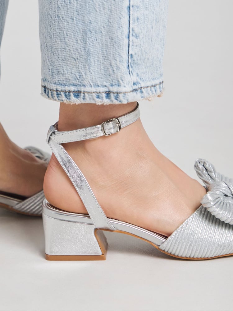 Simply Be Silver Wide Fit Low Heel Bow Occasion Sandals In Extra Wide Fit - Image 2 of 5 Simply Be Silver Wide Fit Low Heel Bow Occasion Sandals In Extra Wide Fit - Image 2 of 5