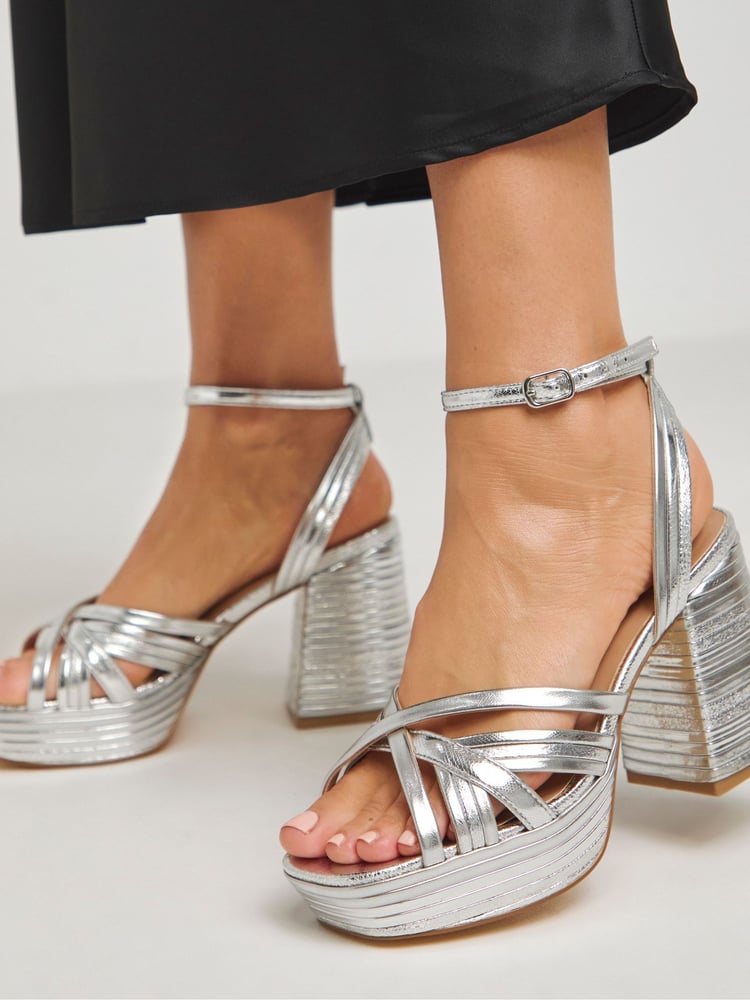 Simply Be Silver Multi Strap Platform Sandals In Extra Wide Fit - Image 1 of 4
