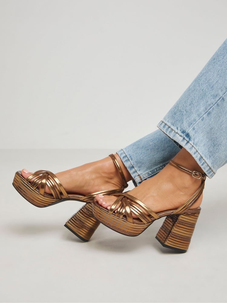 Simply Be Brown Multi Strap Platform Sandals In Extra Wide Fit - Image 1 of 4