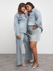 Simply Be Blue Light Wash 100% Cotton Embellished Wide Leg Jeans - Image 1 of 4