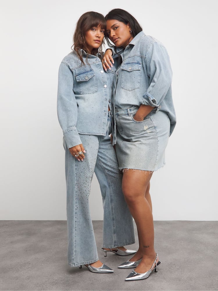 Simply Be Blue Light Wash 100% Cotton Embellished Wide Leg Jeans - Image 1 of 4