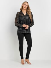 Long Tall Sally Black Jacquard Metallic Button Through Blouse - Image 2 of 6