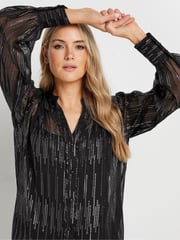 Long Tall Sally Black Jacquard Metallic Button Through Blouse - Image 4 of 6