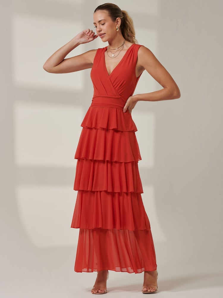 Jolie Moi Orange Plain Tiered Mesh Maxi Dress - Image 1 of 6