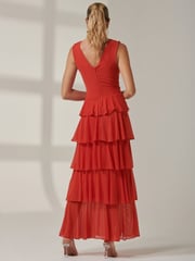 Jolie Moi Orange Plain Tiered Mesh Maxi Dress - Image 2 of 6