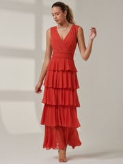 Jolie Moi Orange Plain Tiered Mesh Maxi Dress - Image 4 of 6