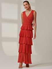 Jolie Moi Orange Plain Tiered Mesh Maxi Dress - Image 5 of 6