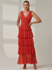 Jolie Moi Orange Plain Tiered Mesh Maxi Dress - Image 6 of 6