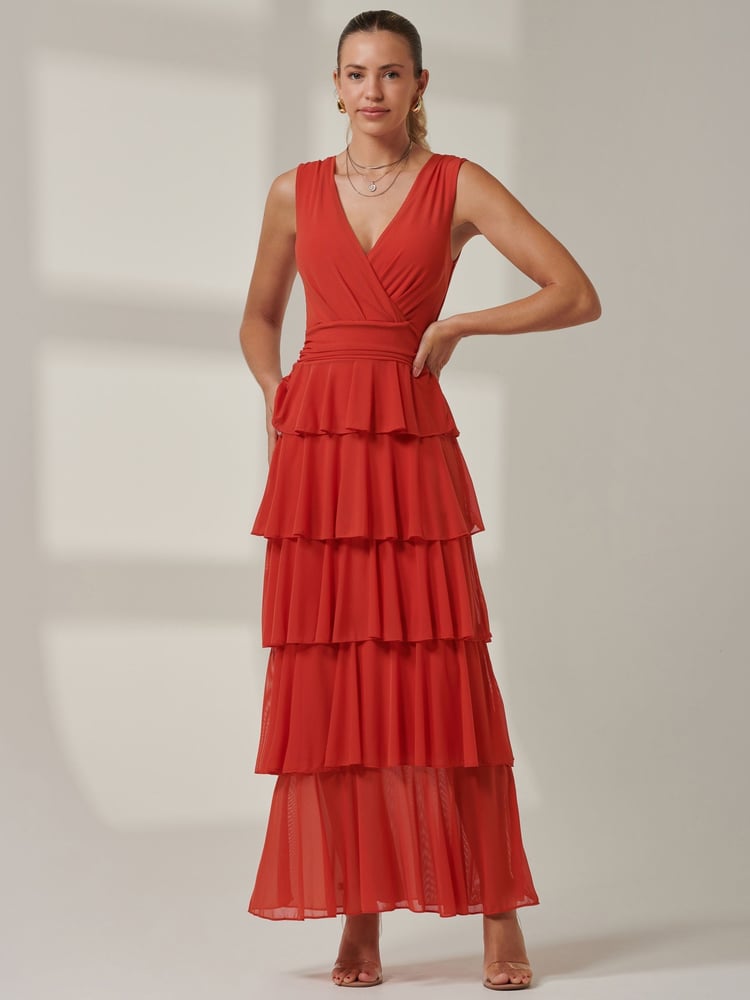 Jolie Moi Orange Plain Tiered Mesh Maxi Dress - Image 6 of 6