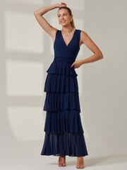 Jolie Moi Blue Plain Tiered Mesh Maxi Dress - Image 1 of 6