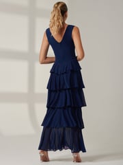 Jolie Moi Blue Plain Tiered Mesh Maxi Dress - Image 2 of 6