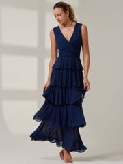 Jolie Moi Blue Plain Tiered Mesh Maxi Dress - Image 4 of 6
