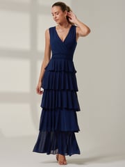Jolie Moi Blue Plain Tiered Mesh Maxi Dress - Image 5 of 6